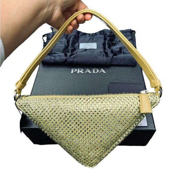 PRADA***Gold Crystal Pineapple Yellow Satin Triangle Bag***$2600 NWB - Picture 6 of 13